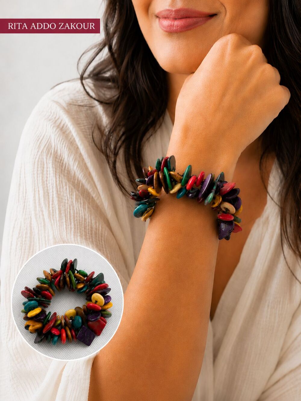 Rita Addo Zakour Multicolor Sese Wood Beaded Stretch Bracelet Ghana Artisan